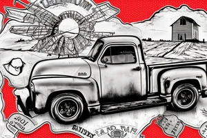 a rustic 1953 GMC 5th window farm
truck with a red country barn and old broken windmill in the background tattoo idea