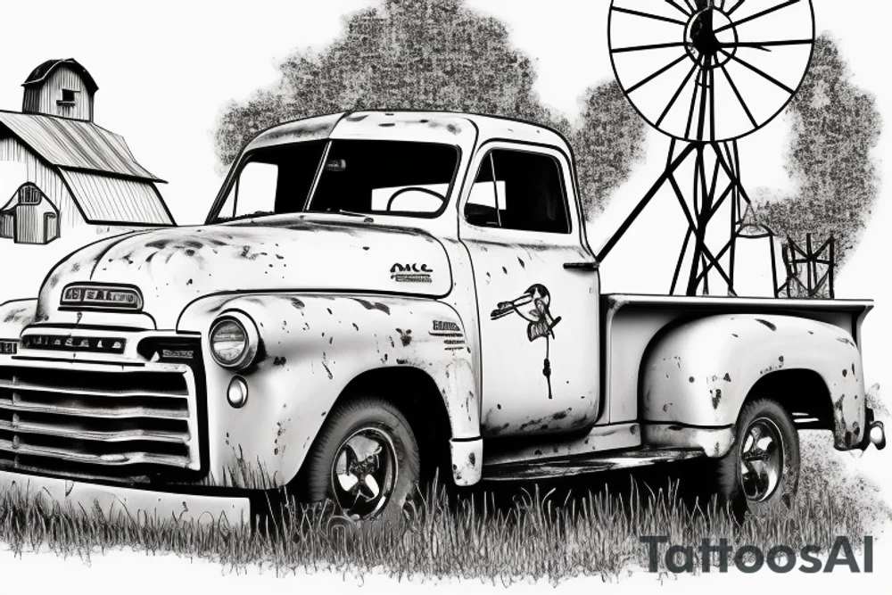 a rustic 1953 GMC 5th window farm
truck with a red country barn and old broken windmill in the background tattoo idea