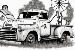 a rustic 1953 GMC 5th window farm
truck with a red country barn and old broken windmill in the background tattoo idea