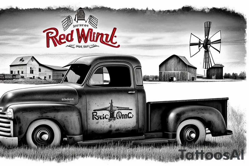 a rustic 1953 GMC 5th window farm
truck with a red country barn and old broken windmill in the background. Put a McCall &Sons logo on door tattoo idea