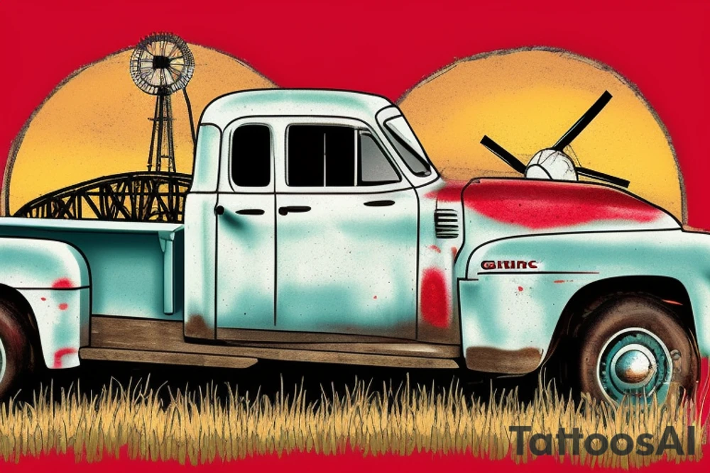 a rustic 1953 GMC 5th window farm
truck with a red country barn and old broken windmill in the background. Put a McCall &Sons logo on door tattoo idea