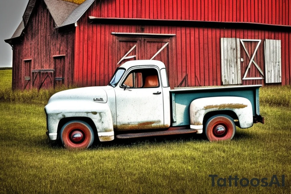 a rustic 1953 GMC 5th window farm
truck with a red country barn and old broken windmill in the background. Put a McCall &Sons logo on the door of truck tattoo idea