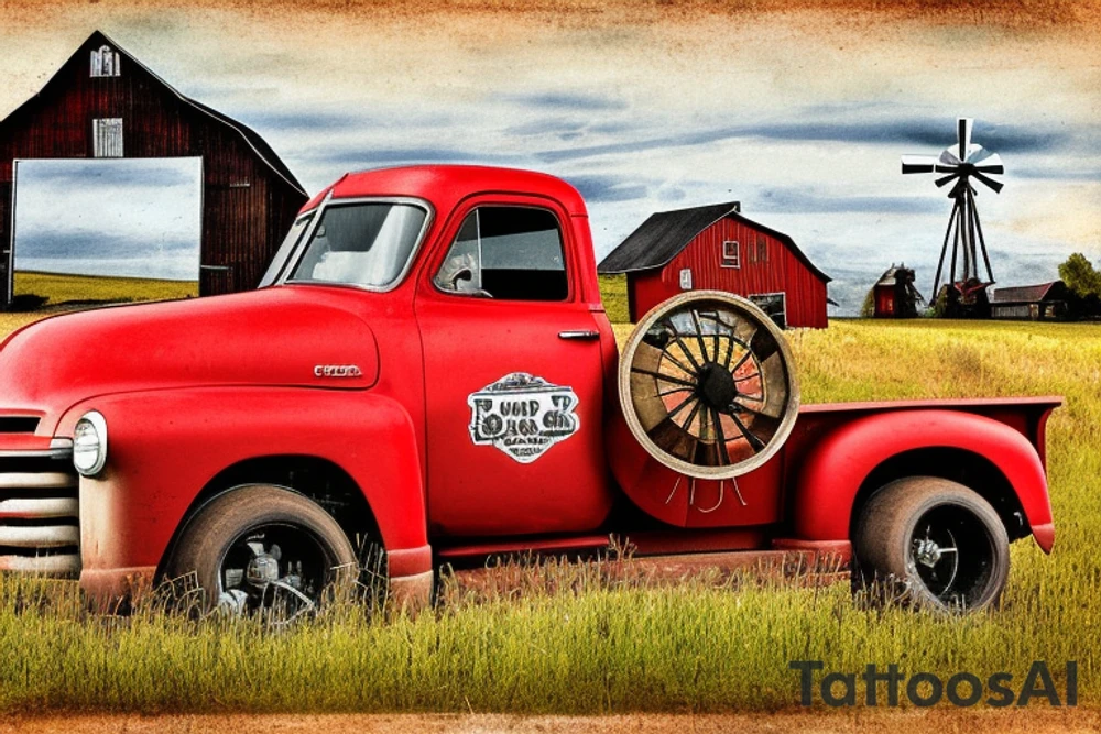a rustic 1953 GMC 5th window farm
truck with a red country barn and old broken windmill in the background. Put a McCall &Sons logo on the door of truck tattoo idea