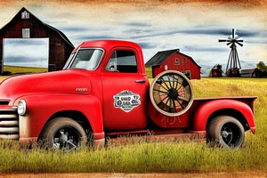 a rustic 1953 GMC 5th window farm
truck with a red country barn and old broken windmill in the background. Put a McCall &Sons logo on the door of truck tattoo idea