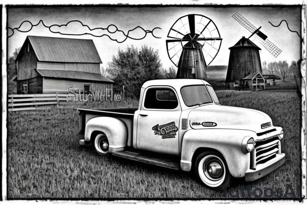 a rustic 1953 GMC 5th window farm
truck with a red country barn and old broken windmill in the background. tattoo idea