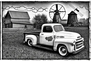 a rustic 1953 GMC 5th window farm
truck with a red country barn and old broken windmill in the background. tattoo idea