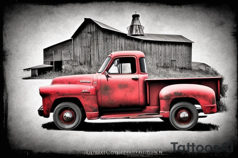 a rustic 1953 GMC 5th window farm
truck with a red country barn and old broken windmill in the background. tattoo idea