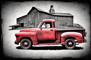 a rustic 1953 GMC 5th window farm
truck with a red country barn and old broken windmill in the background. tattoo idea