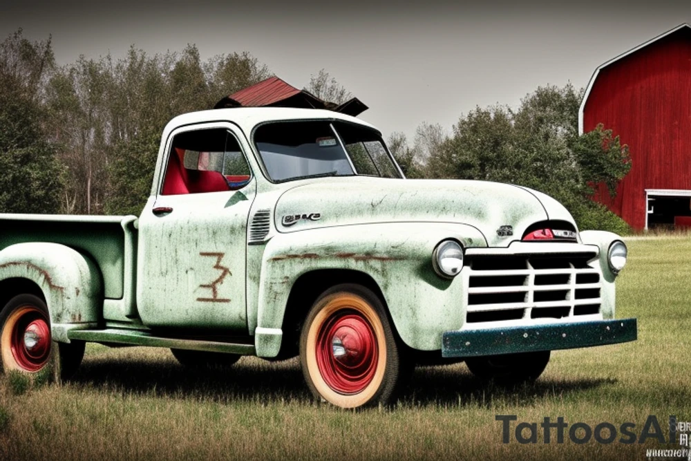 a rustic 1953 GMC 5th window farm
truck with an old red country barn in the background. tattoo idea