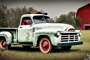 a rustic 1953 GMC 5th window farm
truck with an old red country barn in the background. tattoo idea