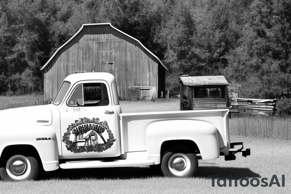 a rustic 1953 GMC 5th window farm
truck with an old red country barn in the background. tattoo idea
