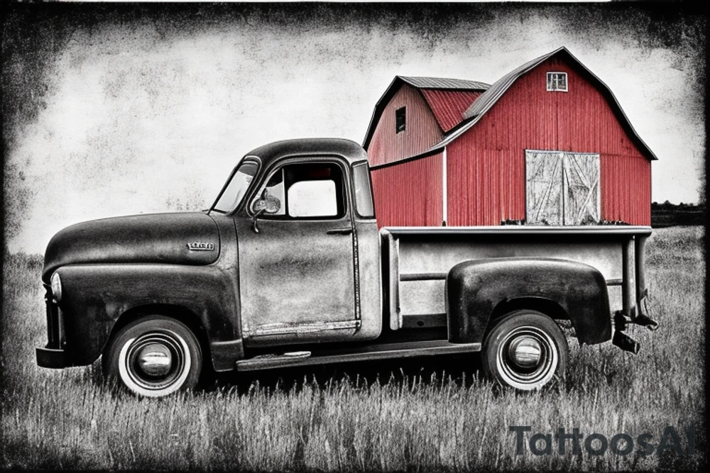 a rustic 1953 GMC 5th window farm
truck with an old red country barn in the background. tattoo idea