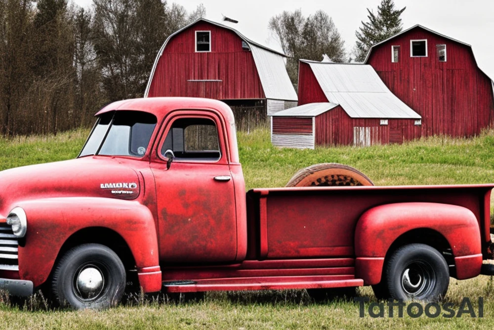 a rustic 1953 GMC 5th window farm
truck with an old red country barn in the background. tattoo idea