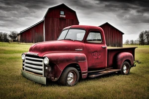 a rustic 1953 GMC 5th window farm
truck with an old red country barn in the background. tattoo idea