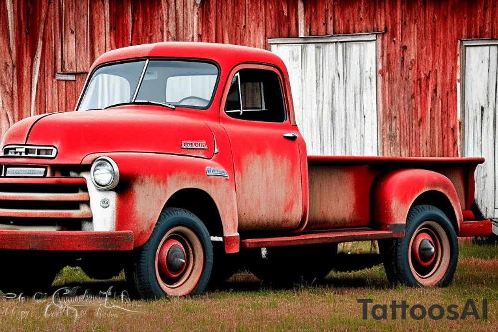 a rustic 1953 GMC 5th window farm
truck with an old red country barn in the background. tattoo idea