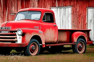 a rustic 1953 GMC 5th window farm
truck with an old red country barn in the background. tattoo idea