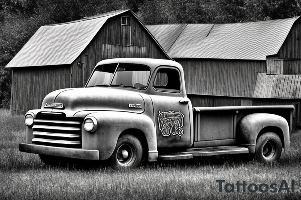 a rustic 1953 GMC farm
truck with an old red country barn in the background. tattoo idea