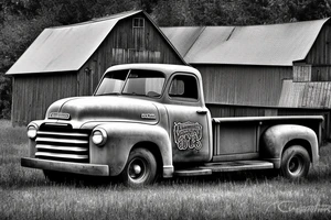 a rustic 1953 GMC farm
truck with an old red country barn in the background. tattoo idea