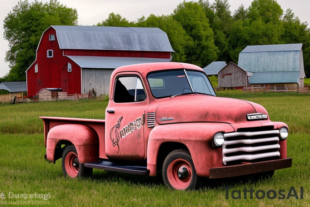 a rustic 1953 GMC farm
truck with an old red country barn in the background. tattoo idea