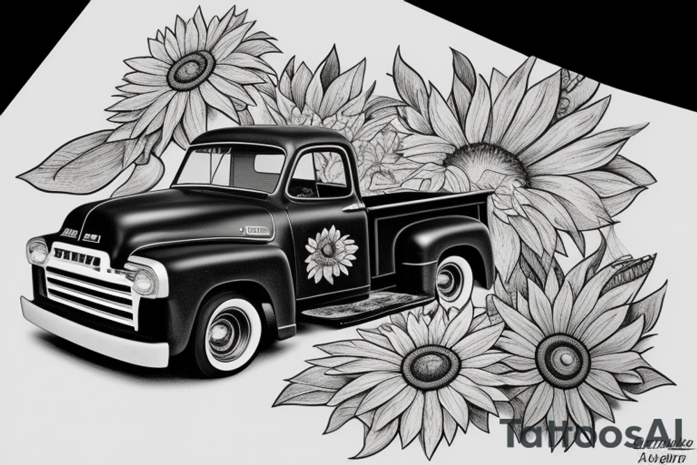 a rustic 1953 GMC farm
truck in sunflower field tattoo idea
