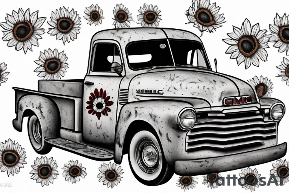 a rustic red and white 1953 GMC farm
truck in sunflower field tattoo idea