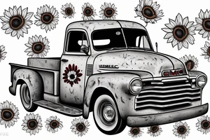 a rustic red and white 1953 GMC farm
truck in sunflower field tattoo idea