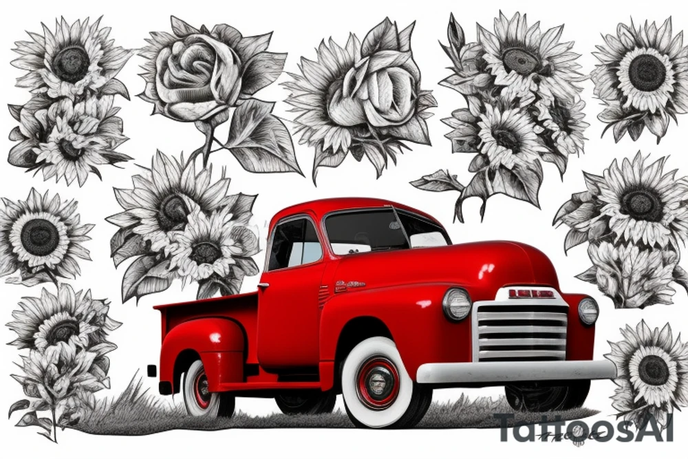 a rustic red and white 1953 GMC farm
truck in sunflower field tattoo idea