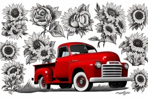 a rustic red and white 1953 GMC farm
truck in sunflower field tattoo idea
