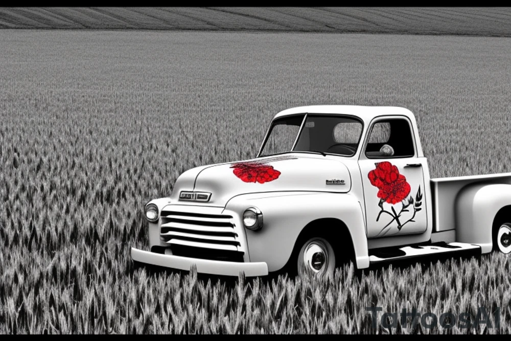 a rustic red and white 1953 GMC farm
truck with wheat field in background tattoo idea