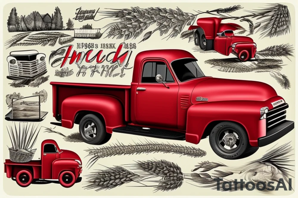 a rustic red and white 1953 GMC farm
truck with wheat field in background tattoo idea