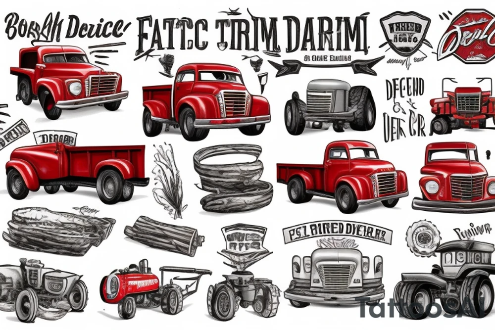 a rustic red and white 1953 GMC farm
truck and 1950 5010 John Deere tractor tattoo idea