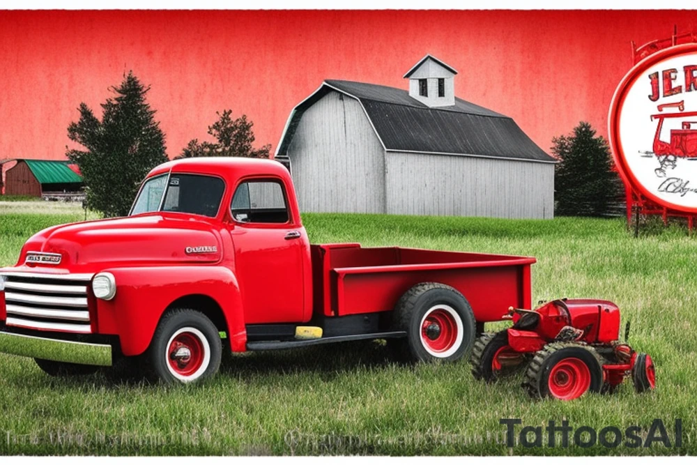 a rustic red and white 1953 GMC farm
truck and 5010 John Deere tractor with an old red barn in the background tattoo idea