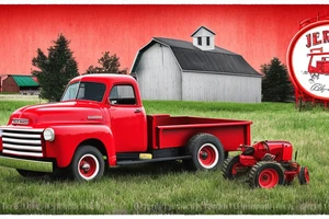a rustic red and white 1953 GMC farm
truck and 5010 John Deere tractor with an old red barn in the background tattoo idea