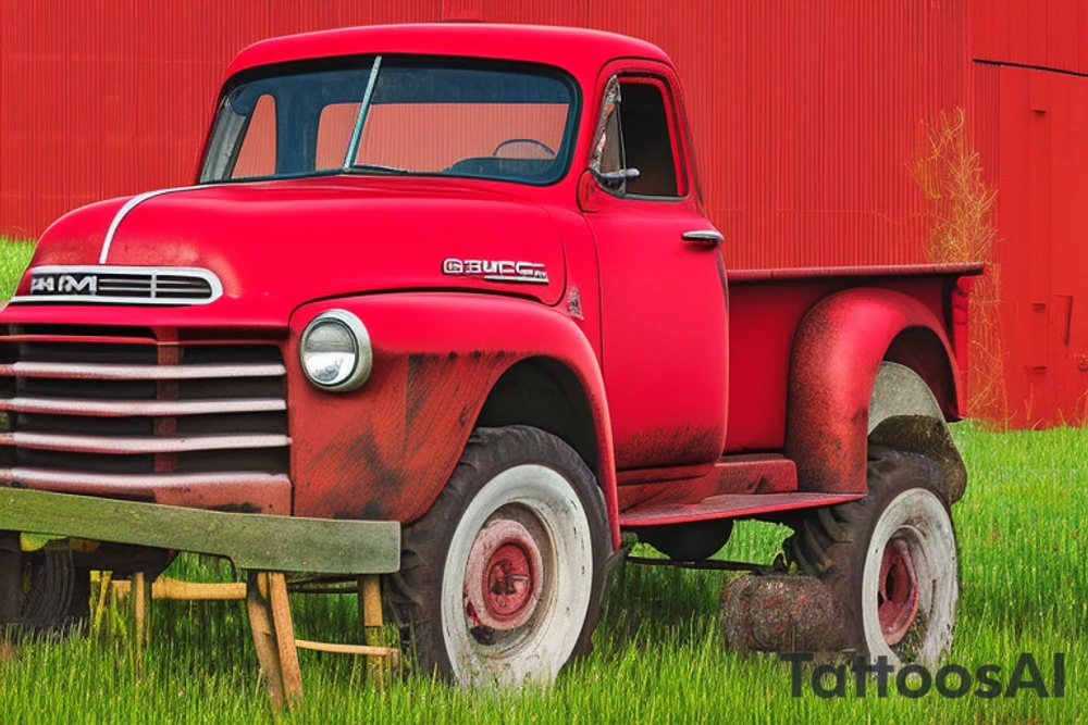 a rustic red and white 1953 GMC farm
truck and 5010 John Deere tractor with an old red barn in the background tattoo idea