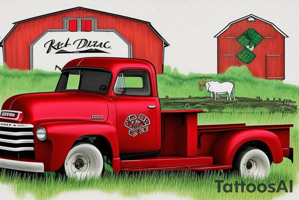 a rustic red and white 1953 GMC farm
truck and 5010 John Deere tractor with an old red barn in the background tattoo idea