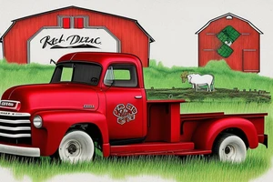 a rustic red and white 1953 GMC farm
truck and 5010 John Deere tractor with an old red barn in the background tattoo idea
