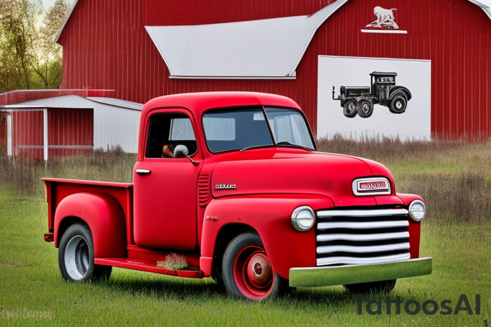 a rustic red and white 1953 GMC farm
truck and 5010 John Deere tractor with an old red barn in the background tattoo idea