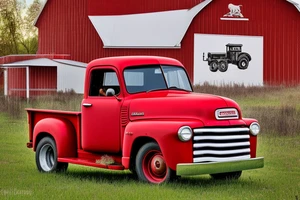 a rustic red and white 1953 GMC farm
truck and 5010 John Deere tractor with an old red barn in the background tattoo idea