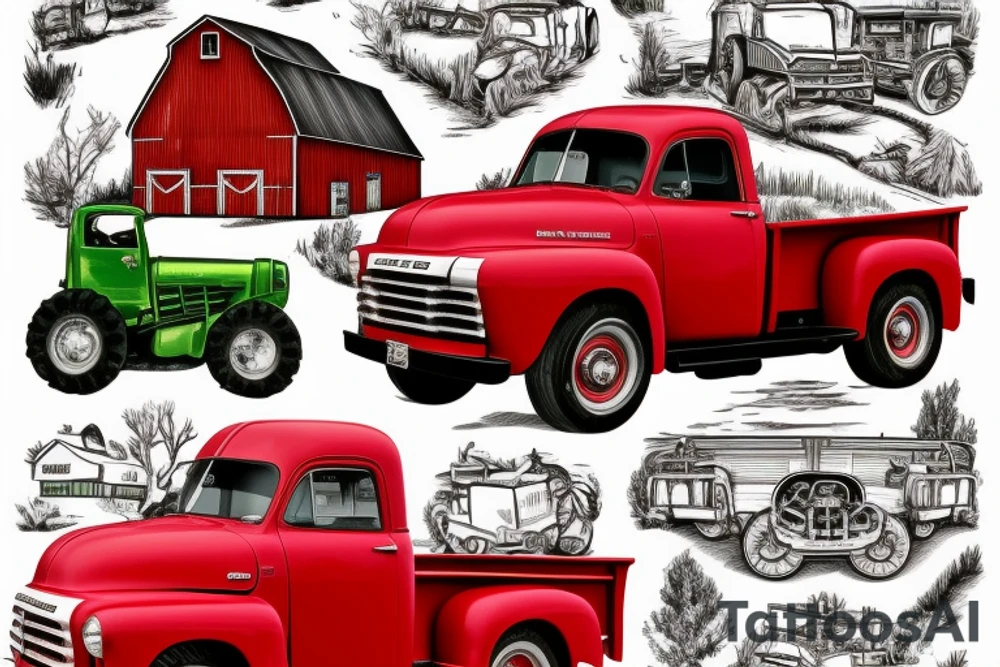 a rustic red and white 1953 GMC farm
truck and a green John Deere tractor with an old red barn in the background tattoo idea
