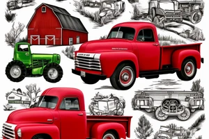a rustic red and white 1953 GMC farm
truck and a green John Deere tractor with an old red barn in the background tattoo idea
