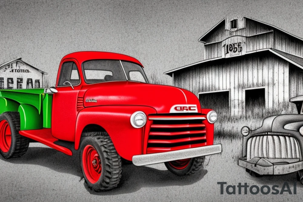 a rustic red and white 1953 GMC farm
truck and a green John Deere tractor with an old red barn in the background tattoo idea