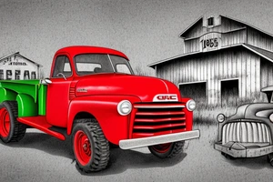 a rustic red and white 1953 GMC farm
truck and a green John Deere tractor with an old red barn in the background tattoo idea