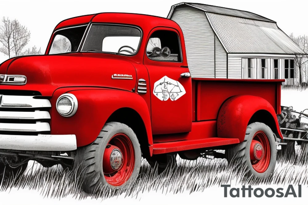a rustic red and white 1953 GMC farm
truck and a tractor with an old red barn in the background tattoo idea