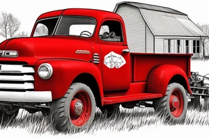 a rustic red and white 1953 GMC farm
truck and a tractor with an old red barn in the background tattoo idea