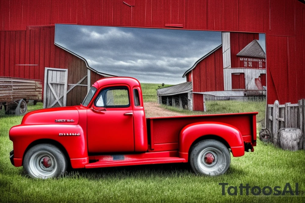 a rustic red and white 1953 GMC farm
truck and a tractor with an old red barn in the background tattoo idea