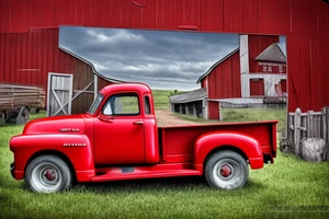 a rustic red and white 1953 GMC farm
truck and a tractor with an old red barn in the background tattoo idea