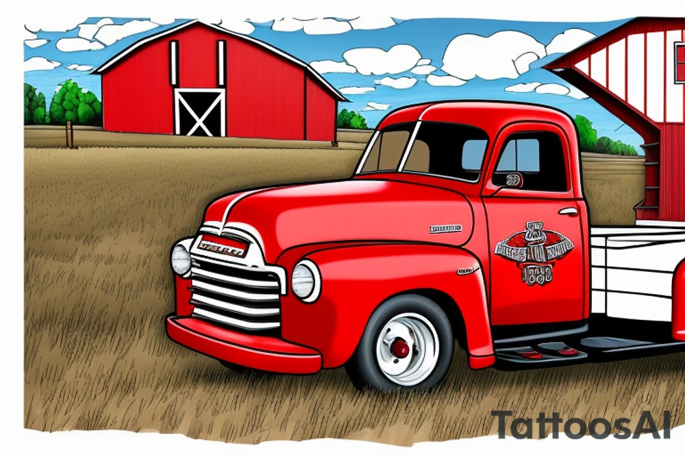 a rustic red and white 1953 GMC farm
truck and a tractor with an old red barn in the background tattoo idea
