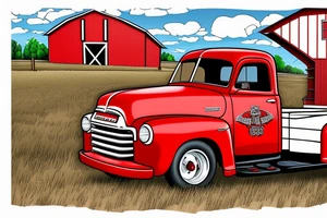 a rustic red and white 1953 GMC farm
truck and a tractor with an old red barn in the background tattoo idea