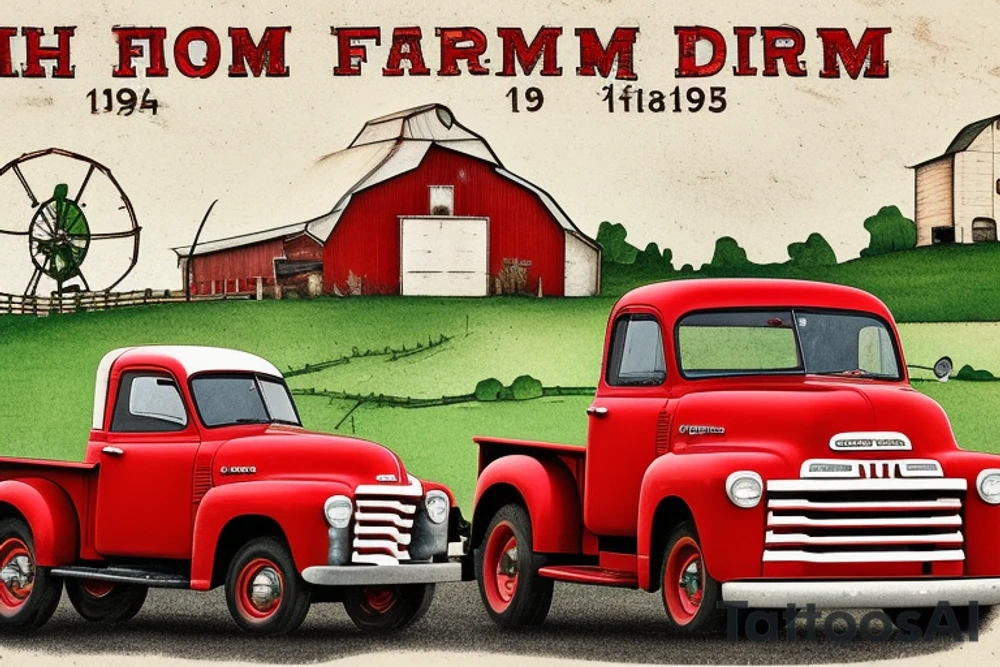 a rustic red and white 1953 GMC farm
truck and a tractor with an old red barn in the background tattoo idea