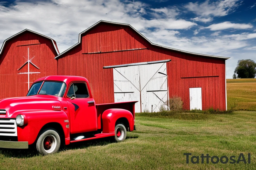 a rustic red and white 1953 GMC farm
truck and a tractor with an old red barn in the background tattoo idea